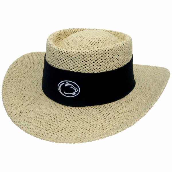 straw gambler hat with Penn State Athletic Logo on navy cloth band